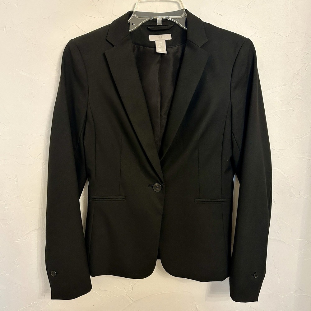 H&M Women's Black Solid Button Blazer Jacket Pockets Long Sleeve Size XS